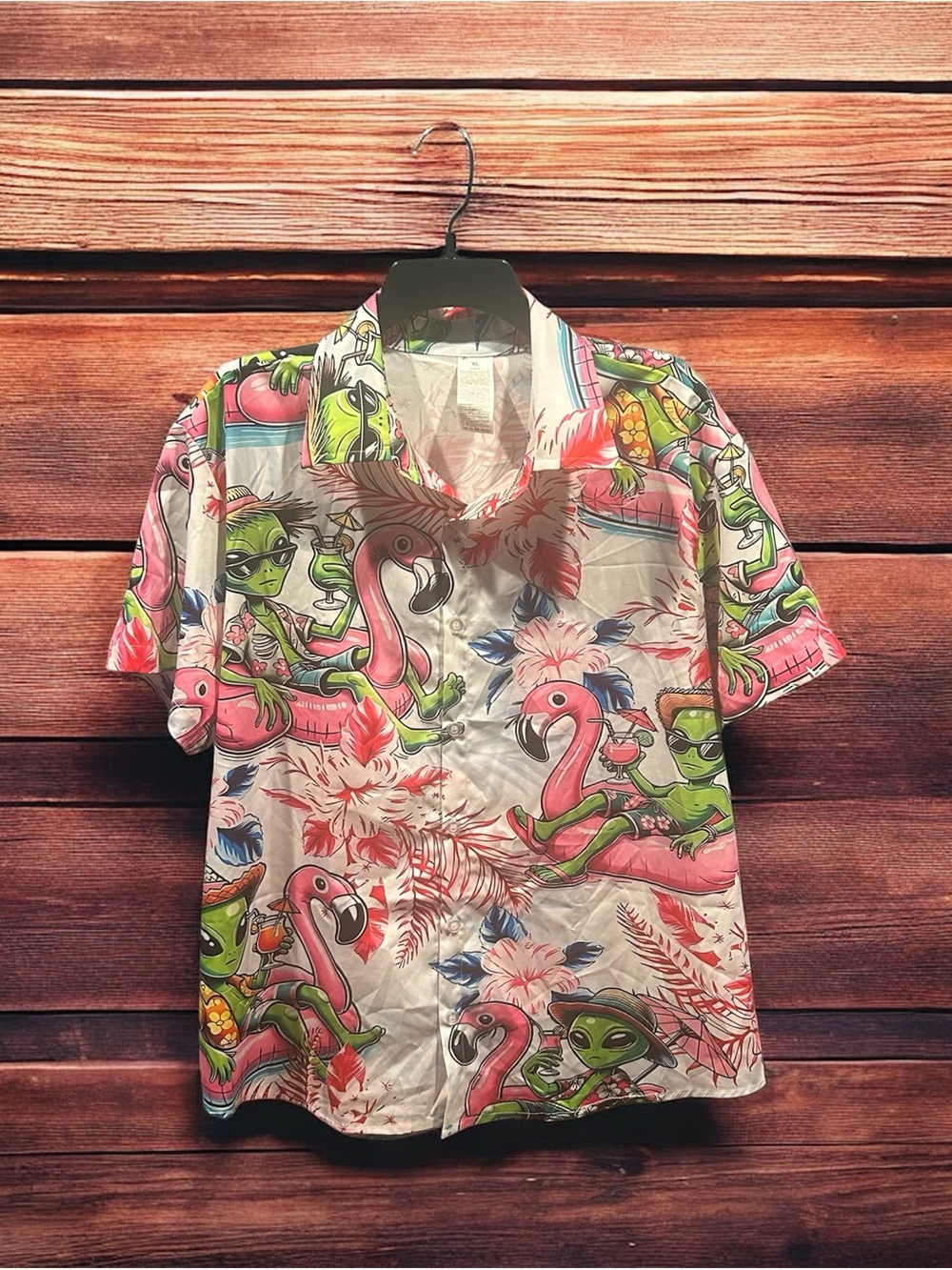 SHEIN Men's XL Alien Hawaiian Shirt Flamingo Pool Float Tropical Beach Casual